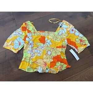 ModCloth Seaside Cottage Honolulu Floral Getaway Tie Front Top Yellow Sz M NWT